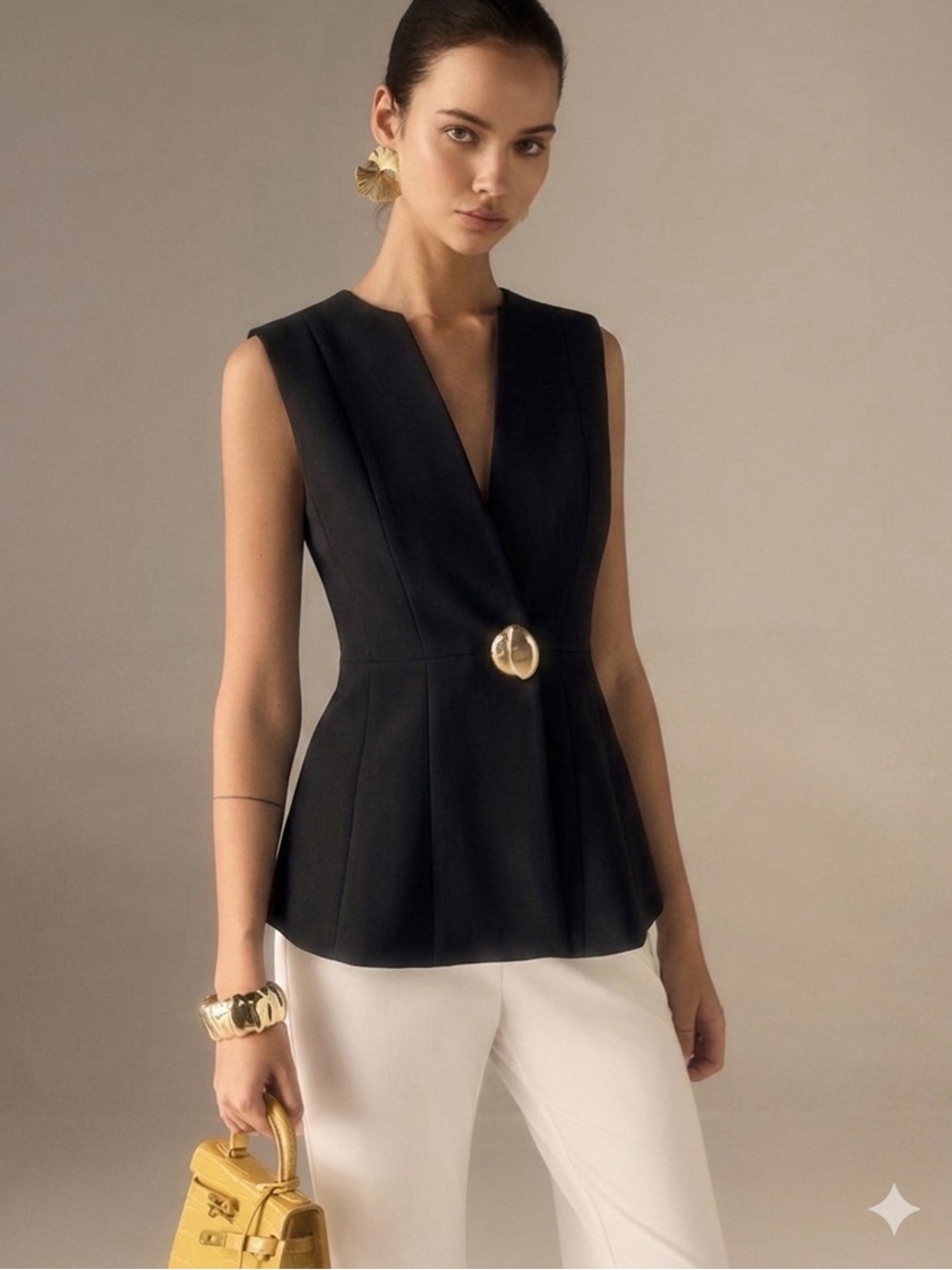 Commense Black Sleeveless Peplum Top with Gold Button Accent - Picture 4 of 5